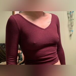 H&M Maroon Crop Top, Long Sleeve Layer, Basic Belly Shirt, Divided